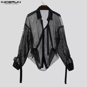 INCERUN Мужские рубашки с длинными рукавами и воротником с лацканами и блестками для вечеринок