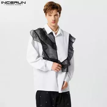 INCERUN Мужские рубашки с длинными рукавами и кружевными пуговицами