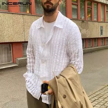 INCERUN Мужские рубашки с длинными рукавами и пуговицами, прозрачные топы 2XL белый