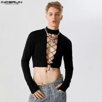 INCERUN Мужские рубашки с длинными рукавами и завязками, облегающий укороченный топ с длинными рукавами