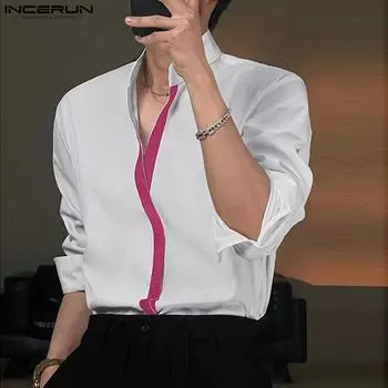 INCERUN Мужские рубашки с длинными рукавами и воротником-стойкой на пуговицах