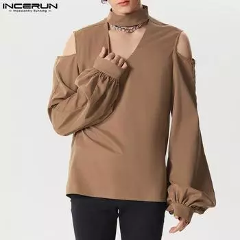 INCERUN Мужские рубашки с длинными рукавами и воротником-стойкой с открытыми плечами S коричневый