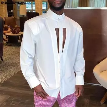 INCERUN Мужские рубашки с длинными рукавами и воротником-стойкой спереди