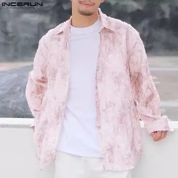 INCERUN Мужские рубашки с длинными рукавами и цветочным принтом, большие топы с кисточками