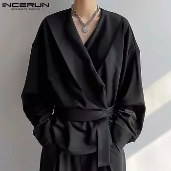 INCERUN Мужские рубашки с длинными рукавами и перекрестным ремнем, повседневные свободные топы с повязками 4XL чёрный