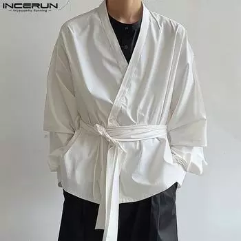 INCERUN Мужские рубашки весна-осень с длинным рукавом, свободные повязки спереди 3XL чёрный