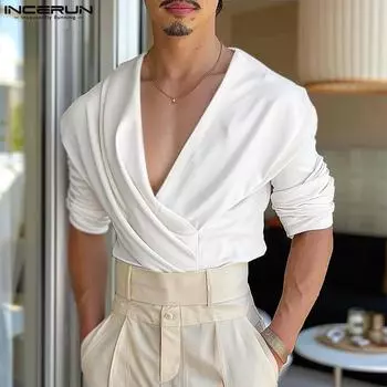 INCERUN Мужские рубашки с глубоким V-образным вырезом спереди и оборками, топы с длинными рукавами S жёлтый