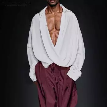 INCERUN Мужские рубашки с глубоким V-образным вырезом спереди и крестом, свободные, однотонные, нестандартные 4XL белый