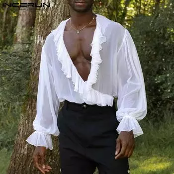 INCERUN Мужские рубашки с глубоким V-образным вырезом и длинным рукавом из прозрачной сетки с оборками XL чёрный