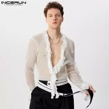 INCERUN Мужские рубашки с глубоким V-образным вырезом и длинным рукавом, оборками и сетчатыми вставками, прозрачные топы S чёрный