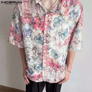 INCERUN Мужские рубашки с коротким рукавом и цветочным принтом с воротником-лацканами, повседневные топы с кисточками и текстурой S розовый