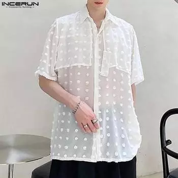 INCERUN Мужские рубашки с коротким рукавом, прозрачные летние стильные жаккардовые топы