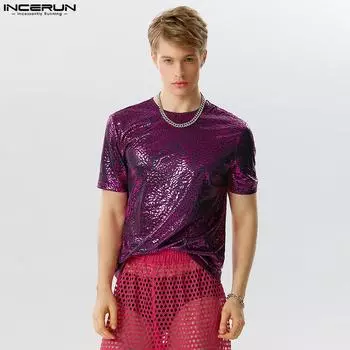 INCERUN Мужские рубашки с коротким рукавом с круглым вырезом и блестящими повседневными топами