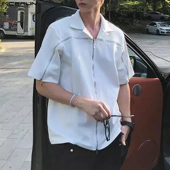 INCERUN Мужские рубашки с коротким рукавом, свободные повседневные топы разного цвета