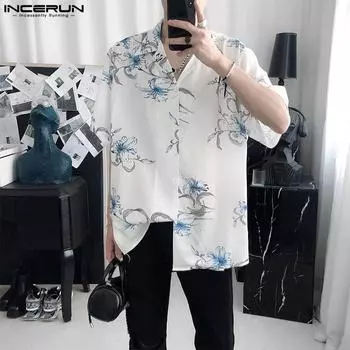 INCERUN Мужские рубашки с короткими рукавами и цветочным принтом, повседневные топы на пуговицах S чёрный