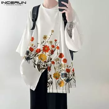 INCERUN Мужские рубашки с круглым вырезом и рукавом 3/4 с цветочным принтом, нерегулярные застежки на пуговицы, разрезы, топы M чёрный