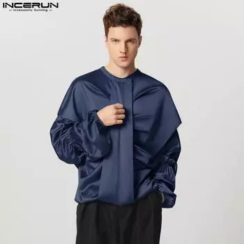 INCERUN Мужские рубашки с круглым вырезом и длинным рукавом, однотонные, с оборками, для вечеринок, сатиновые S фиолетовый