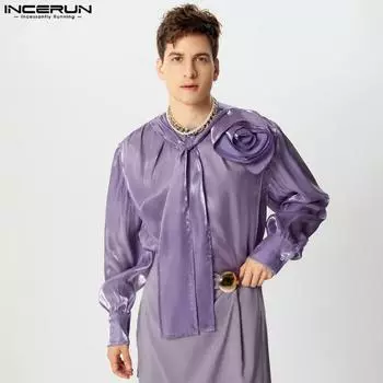INCERUN Мужские рубашки с круглым вырезом, оборками, цветочным принтом и блестками, на пуговицах, повседневные, для вечеринок, топы в стиле пэчворк S фиолетовый