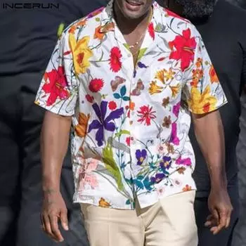 INCERUN мужские рубашки с лацканами и цветочным принтом, летние гавайские праздничные рубашки