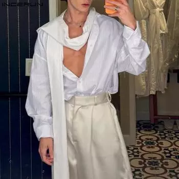 INCERUN мужские рубашки с лацканами и завязками, однотонные полосатые рубашки для вечеринок с пуговицами