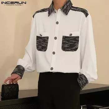 INCERUN мужские рубашки с лацканами, лоскутными карманами и пуговицами