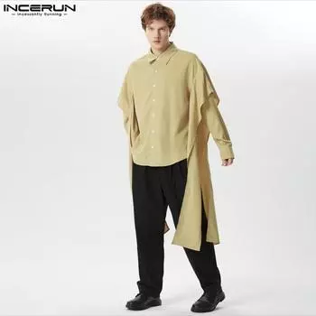 INCERUN Мужские рубашки с лацканами на пуговицах и рукавами «летучая мышь» с оборками нестандартной формы 2XL жёлтый