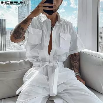 INCERUN Мужские рубашки с лацканами, нагрудными карманами и пуговицами, летние рубашки с коротким рукавом, бандажные топы-карго M белый
