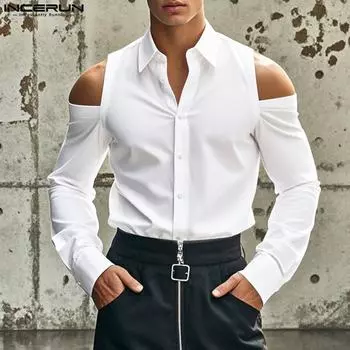 INCERUN Мужские рубашки с открытыми плечами и длинным рукавом на пуговицах, повседневные топы S белый