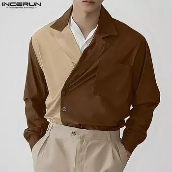 INCERUN Мужские рубашки с отложным воротником, длинным рукавом, косой планкой, пуговицами, отстрочкой 4XL чёрный