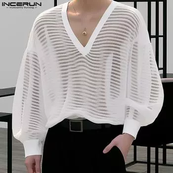 INCERUN мужские рубашки с v-образным вырезом и длинными рукавами-фонариками, сетчатые прозрачные полосатые топы S чёрный