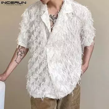 INCERUN Мужские рубашки с V-образным вырезом и коротким рукавом с кисточками, повседневные топы с текстурой S белый
