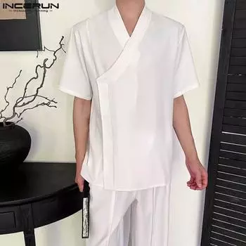 INCERUN Мужские рубашки с V-образным вырезом и боковыми пуговицами, летние топы с короткими рукавами L белый