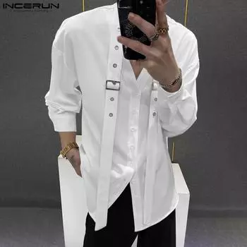 INCERUN Мужские рубашки с V-образным вырезом и длинным рукавом на пуговицах S чёрный