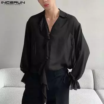 INCERUN Мужские рубашки с V-образным вырезом и длинным рукавом, прозрачные сетчатые рубашки, топы S чёрный