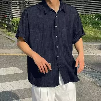 INCERUN Мужские рубашки с воротником-лацканами, синие, с коротким рукавом, повседневные летние топы S темно-серого