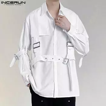 INCERUN Мужские рубашки с воротником-лацканом, длинным рукавом, перекрестными пуговицами спереди, в стиле пэчворк, свободные топы 2XL чёрный