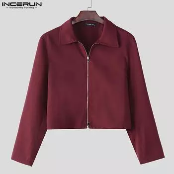 INCERUN Мужские рубашки с воротником-лацканом, длинным рукавом, на молнии, однотонные, короткие, повседневные 4XL чёрный