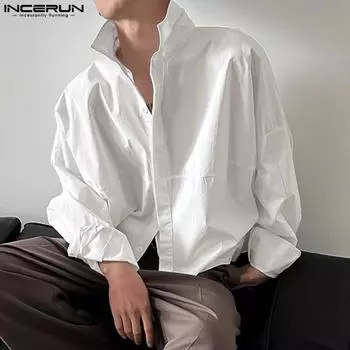INCERUN Мужские рубашки с воротником-лацканом и длинным рукавом, нестандартные свободные, короткие XL белый