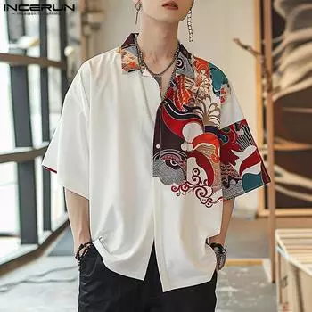 INCERUN Мужские рубашки с воротником с лацканами и коротким рукавом с цветочным принтом