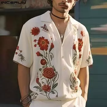 INCERUN Мужские рубашки с коротким рукавом и воротником-лацканами с цветочным принтом, топы на пуговицах S белый