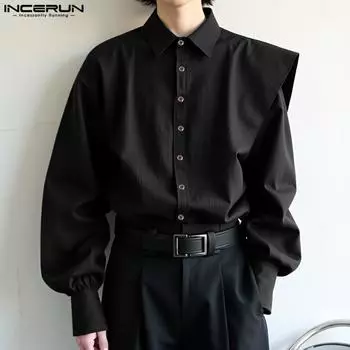 INCERUN Мужские рубашки с воротником-стойкой, длинным рукавом, пуговицами, однотонные, повседневные M