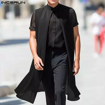 INCERUN Мужские рубашки с воротником-стойкой, длинным рукавом, на пуговицах, имитация двухсекционного лоскутного кроя, прозрачная сетка, повседневные рубашки S чёрный