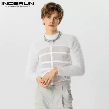 INCERUN Мужские рубашки с воротником в стиле пэчворк и флисовой сеткой