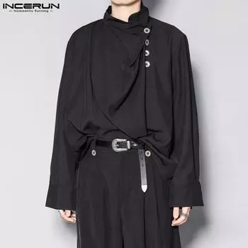 INCERUN Мужские рубашки с высоким воротником и длинными рукавами, топы с рюшами и пуговицами спереди S чёрный