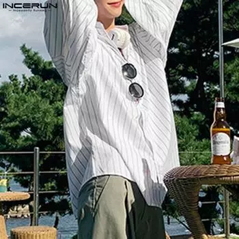 INCERUN Мужские рубашки свободного покроя с длинным рукавом в полоску на пуговицах, повседневные свободные топы S белый