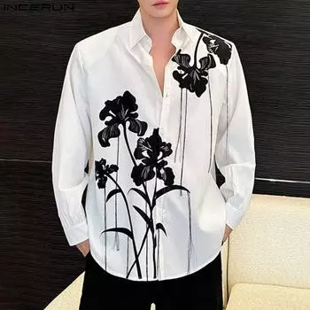 INCERUN Мужские рубашки свободного покроя с длинным рукавом и лацканами, с принтом на шее, топы S чёрный