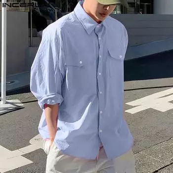 INCERUN Мужские рубашки свободного покроя с длинным рукавом и карманами на лацканах, весенние повседневные топы S белый