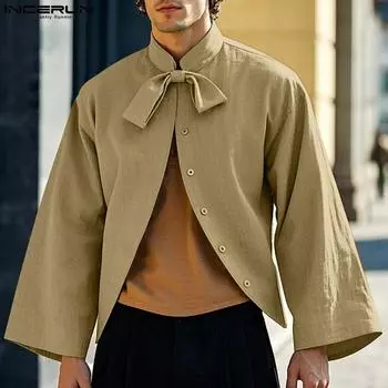 INCERUN Мужские рубашки свободного покроя с длинным рукавом и бантом спереди 4XL чёрный