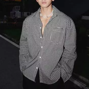 INCERUN свободные мужские рубашки с отложным воротником и длинным рукавом в клетку на пуговицах L синий