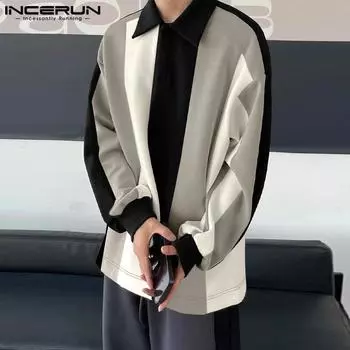 INCERUN Мужские рубашки свободного покроя с отложным воротником в полоску, повседневные топы на пуговицах L чёрный